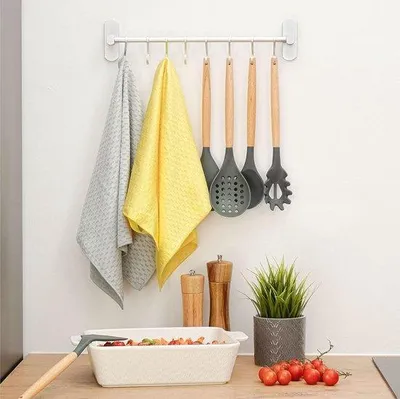 Obrázek produktu pro Háček na kuchyňské náčiní s 8 háčky - Bez vrtání - Samolepicí - 40 cm - Nastavitelný