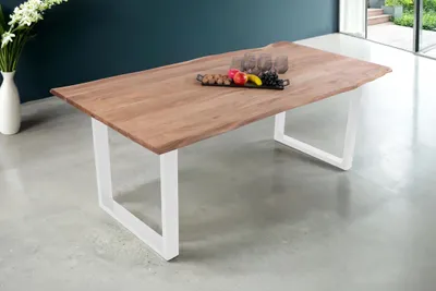 Produktbild von Baumkantentisch 180 x 90 cm Dana, massiver Esstisch Eiche, Esszimmertisch mit U-Gestell aus Metall Weiß, echte Baumkante, pflegeleichter Holztisch