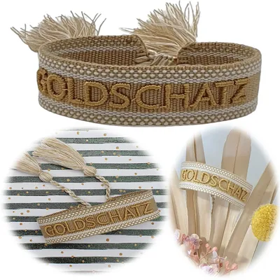 Produktbild von LS-LebenStil Canvas Statement Armband Goldschatz Beige Gold besticktes Stoffarmband gewebt textiles Quasten Spruch Boho Geschenk Freundschaftsarmband