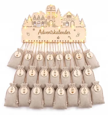 Adventskalender zum Befüllen, Holz, LED, 24 Jutesäckchen