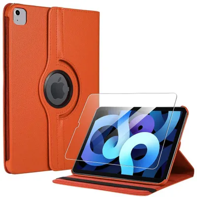 Image de Coque + Verre Trempé pour iPad Air 4/5 10,9 Pouces, Etui Rotatif 360° Multi-Angle Synthécuir Orange