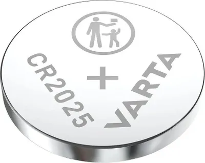 A VARTA CR2025 lithium coin cell battery is shown from a slightly angled top-down view against a white background. The battery has text and symbols printed on its surface.