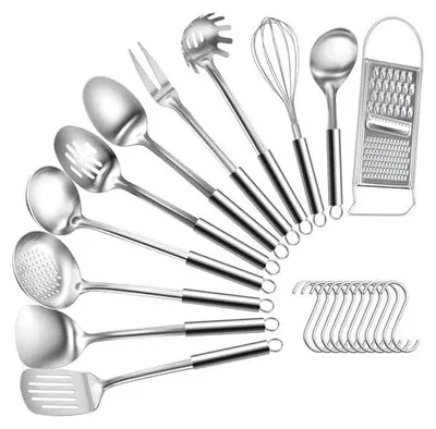 Produktbild von Bestdin Küchenhelfer Set – 22 Teilig Küchenutensilien aus Edelstahl, Hitzebeständig Kochlöffel Set mit Haken, Spülmaschinenfest&Hochglanzpoliert, Enthält küchenzubehör wie Suppenkelle, Pfannenwender