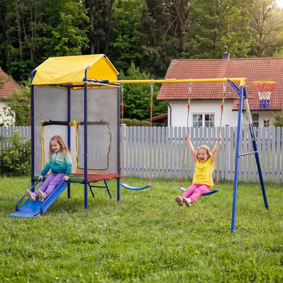 Produktbild von okwish  Kinder Spielturm Outdoor,Outdoor-Schaukel-Set mit Rutsche und Basketballkorb,Gartenspielgeräte mit Trampolin und Schaukel, mit Sicherheitsnetz,Blau + Gelb