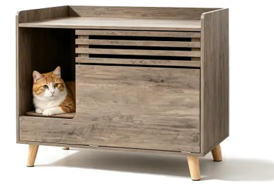 Produktbild von KOMFOTTEU Katzenklo Schrank, Katzenhaus mit Klapptür & verstecktem Fach, erhöhtes Katzenhaus mit Holzbeinen & abnehmbarer Kratzmatte, Katzentoilettenschrank für Wohnzimmer, Flur & Schlafzimmer, Braun