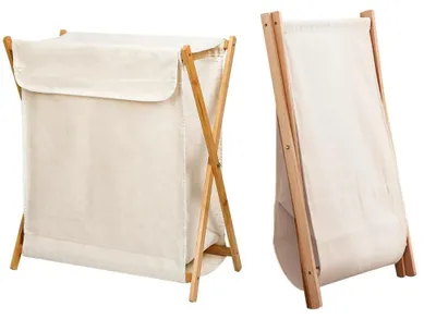Immagine prodotto di Cesto portabiancheria - Cesto in bambù e lino - Per il bagno - Con appendiabiti - Pieghevole - Beige