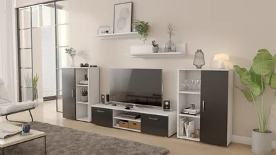 Produktbild von Wohnwand Herkules Per La Vita  Weiß Schwarz, Modern Wohnzimmerschrank mit Hängeschrank, Sideboard und Wandregal