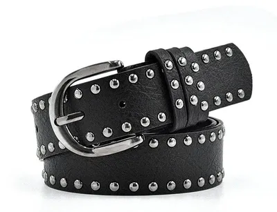 Zdjęcie produktu dla Pasek damski - styl punk - z nitami - wykonany z materiałupoliuretan - szerokość 4 cm - długość 110 cm - kolor czarny
