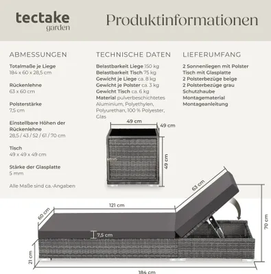 Produktbild von 2er Set Rattan Sonnenliegen wetterfest und UV-beständig