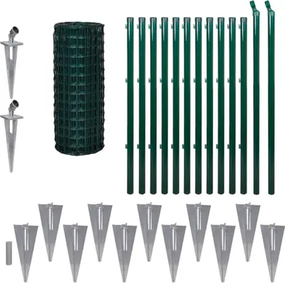 A collection of fencing components including posts, mesh, and stakes.