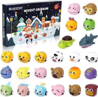 Produktbild von Weihnachts-Adventskalender 2025 mit Cartoon-Tierautos und Countdown-Kalender, batteriebetrieben, mit Rückziehautos, Lernspielzeug