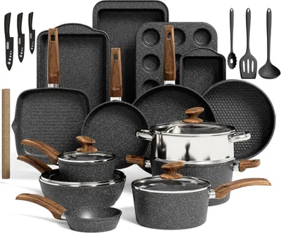 Produktbild von 30-teiliges Induktion Kochgeschirr & Backgeschirr Set - Schwarzes Granit Antihaft-Pfannen-Set