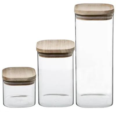 Produktbild von 5Five Simply Smart Vorratsglas-Set 3-tlg., stapelbare Behälter mit Deckel, Borosilikatglas, Holz, 179623