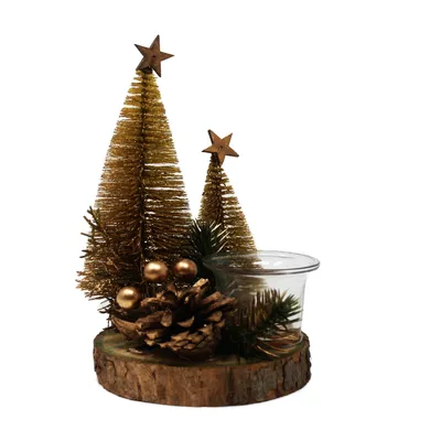 Image de Décoration de table de Noël avec bougie chauffe-plat Nature avec or 13x11x20cm