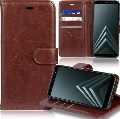 A collage of images showing a brown leather wallet bookstyle case for a Samsung Galaxy A8 Plus (2018) phone. The case is shown open and closed, with cards inserted.