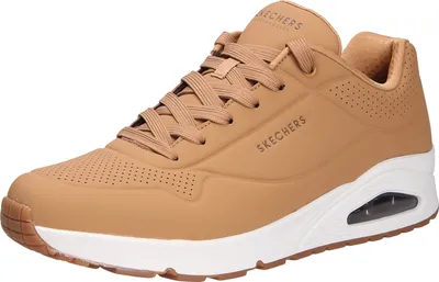 A single brown Skechers Uno sneaker is shown from the side against a white background.