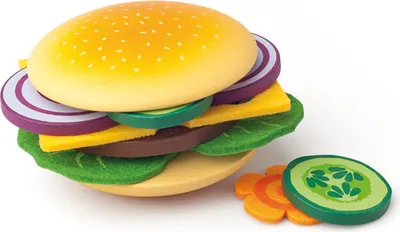 Produktbild von Woody Hamburger / Cheesburger aus Holz/Filz. Zubehör Kaufladen oder Küche. 12 teilig. In schöner Geschenktasche.