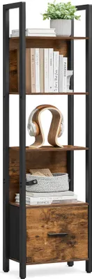 A tall, narrow bookshelf with a rustic wood finish and black metal frame, displaying books, headphones, and a basket.