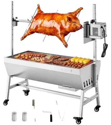 Image de VEVOR Gril à broche rotatif 38 W Gril à cochon de lait Gril à agneau Gril à charbon de bois (94 cm de longueur de gril) avec 60 kg de capacité de charge & roues & 7 positions de réglage en hauteur, Set de gril électrique en acier inoxydable pour le camping en plein air