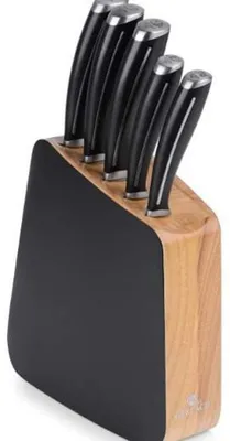 5-teiliges Messerset im Holzblock, Edelstahl, Santoku, Brotmesser