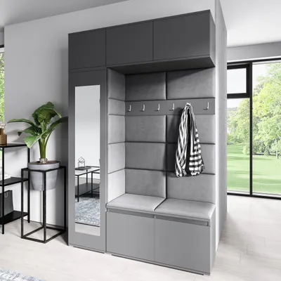 Produktbild von Garderoben-Set MIKA Kleiderschrank mit Polsterplatten Schuhschrank Schrankaufsatz und Hängeschrank Ideal für Eingangsbereich (Graphit Trinity 15)