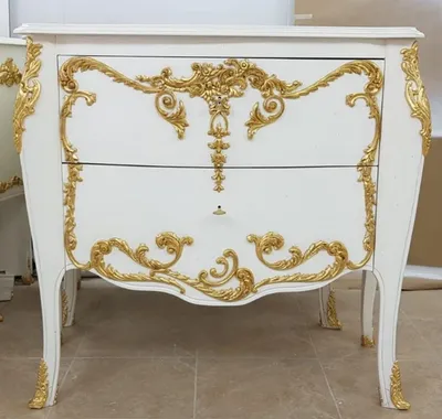 Luxus Barock Massivholz Kommode mit 2 Schubladen Weiß Gold Luxury Baroque Solid Wood Chest of Drawers with 2 Drawers White Gold