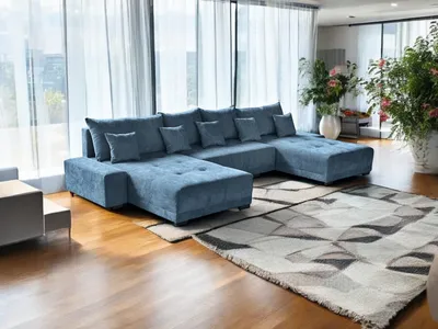 Zdjęcie produktu dla Narożnik z funkcją spania i podstawą do łóżka RELAXO w kształcie litery U - komfort i styl w salonie Blue