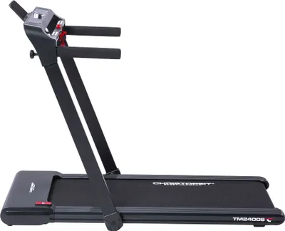 A side view of a black Christopeit TM 2400S treadmill against a white background.