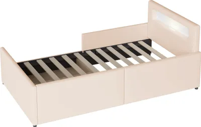 Produktbild von Merax Polsterbett Kinderbett 90x200 cm mit Nachtlicht und USB, Einzelbett mit Ablagefächern, erhöhten Seitenteilen, Schublade, Kunstlederstoff Beige