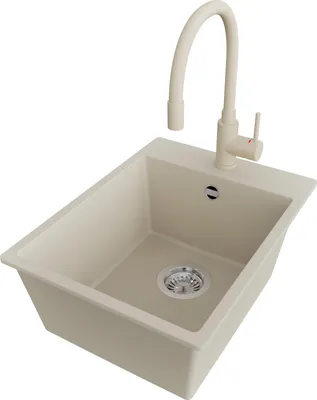 A beige kitchen sink with a beige faucet, shown from a slightly elevated angle against a white background.