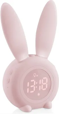 A pink bunny-shaped alarm clock with a digital display showing the time.
