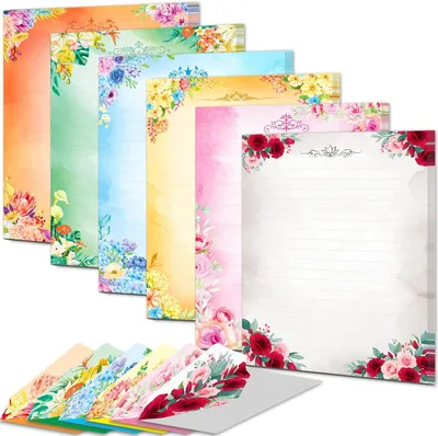 Produktbild von Schreibpapier und Umschläge Set, 48 Blätter doppelseitig farbig, 24 selbstklebende Umschläge, 14 x 18 cm