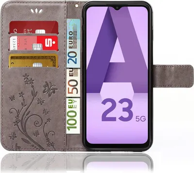 Produktbild von Handy Tasche für Samsung Galaxy A23 / A23 5G Schutz Hülle Handyhülle mit Blumenmuster Klapp Hülle mit Standfunktion und Kartenfächer Grau