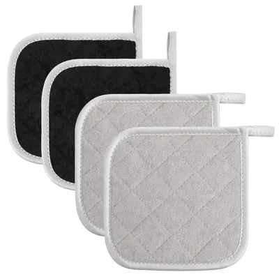 Obrázek produktu pro Sada 4 podložek pod hrnce, 17x17 cm, odolné vůči teplu, šedé a černé, čtvercové, omyvatelné, protiskluzové, s poutkem na zavěšení