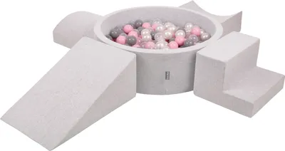 Produktbild von KiddyMoon spielplatz aus schaumstoff mit rund bällebad (200 bälle) ballgruben für babys spielbad hindernisläufen, hergestellt in der eu, hellgrau:perle/grau/transparent/puderrosa