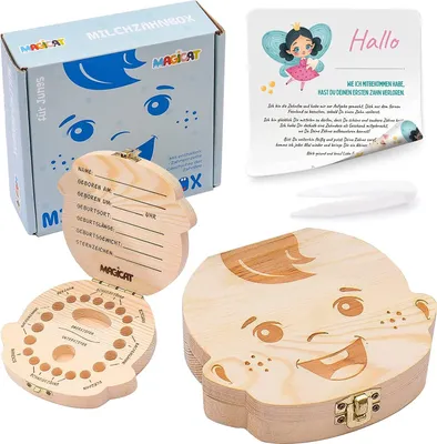 Produktbild von Magicat Premium Milchzahndose Jungen, Zahndose aus Holz, Dose zur Aufbewahrung von Milchzähnen, Baby Milchzähne Box als Geschenk zum Geburtstag oder Taufe, inkl. Pinzette und Zahnfee Geschichte