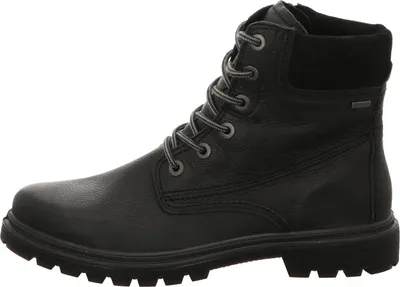 A black leather boot shown from the side against a white background.