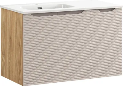 Zdjęcie produktu dla Zestaw Meblszafka Łazienkowa 90 Cm Z Umywalką Ceramiczną 91 Cm – Dąb Olejowany + Frez Beżowy Łazienkowy 90Cm Z Umywalką Go 2, Nowoczesny Design