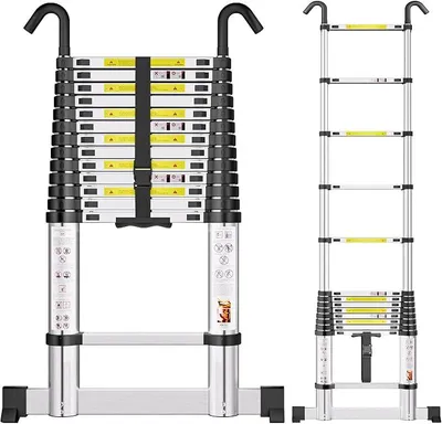 Imagen del producto de Escalera telescópica de 4,1 metros, escalera de aluminio extensible con estabilizador, escalera extensible con gancho, 14 peldaños, para uso doméstico, en caravanas y en exteriores, con capacidad de carga de 150 kg