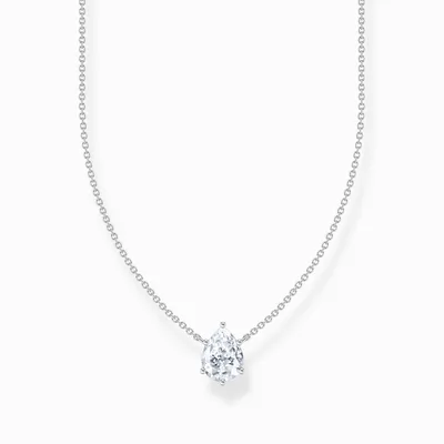 A silver necklace with a pear-shaped diamond pendant on a white background.