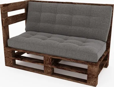 A pallet sofa with gray cushions on a white background.