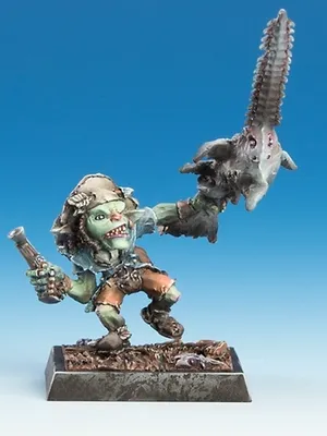 Produktbild von Tabletop-Miniatur Pezsierra Goblin Piraten mit gestalteter Base und Charakterkarten für Freebooters Fate