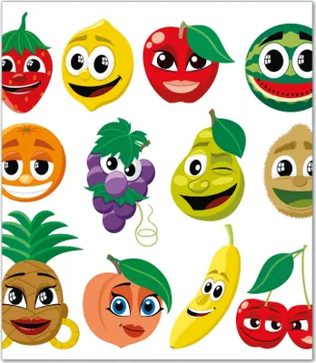 Produktbild von Wallario Herdabdeckplatte aus Glas, Größe 52 x 60 cm 1-teilig, Motiv Obst-Smilies im Comic-Stil - Lustige Früchte