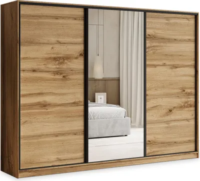 Produktbild von Masseno Schiebetürenschrank TARI 250/205/58 cm Kleiderschrank mit 4 Schubladen Schlafzimmer Schrank 3-türig mit Spiegel Eiche Wotan
