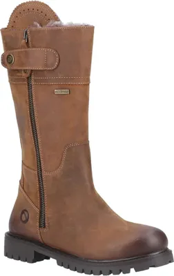 A single brown leather boot is shown against a white background.