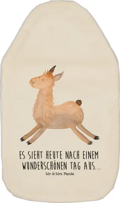 Produktbild von Mr. & Mrs. Panda Wärmflasche Lama Springen - Weiß - Geschenk, Fröhlich, gummi, Abitur, mit Bezug, Kuschelwärmflasche, Start, Wärmflaschen, Wärmekissen, Guten Morgen