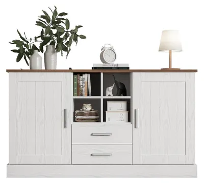 Immagine prodotto di Mobile contenitore con 2 cassetti e 4 ripiani a giorno, dimensioni 140 x 40 x 79,5 cm, colore bianco
