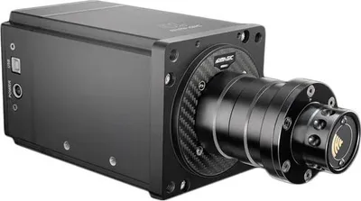 A black direct drive wheel base with a carbon fiber accent and a black metal connector on the right.