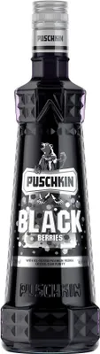 A bottle of Puschkin Black Berries Vodka against a white background.