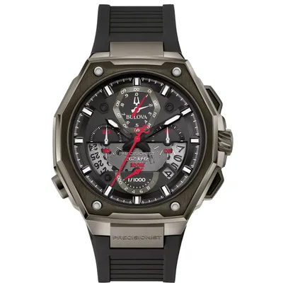 A close-up, studio shot of a Bulova Precisionist chronograph watch against a white background.